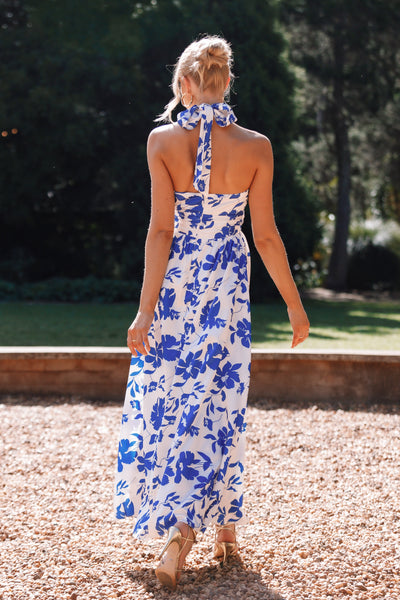 blue and white flower dress